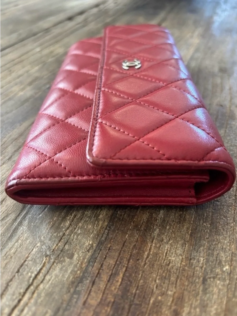 CHANEL Quilted Red Leather Wallet with Silver CC Emblem
